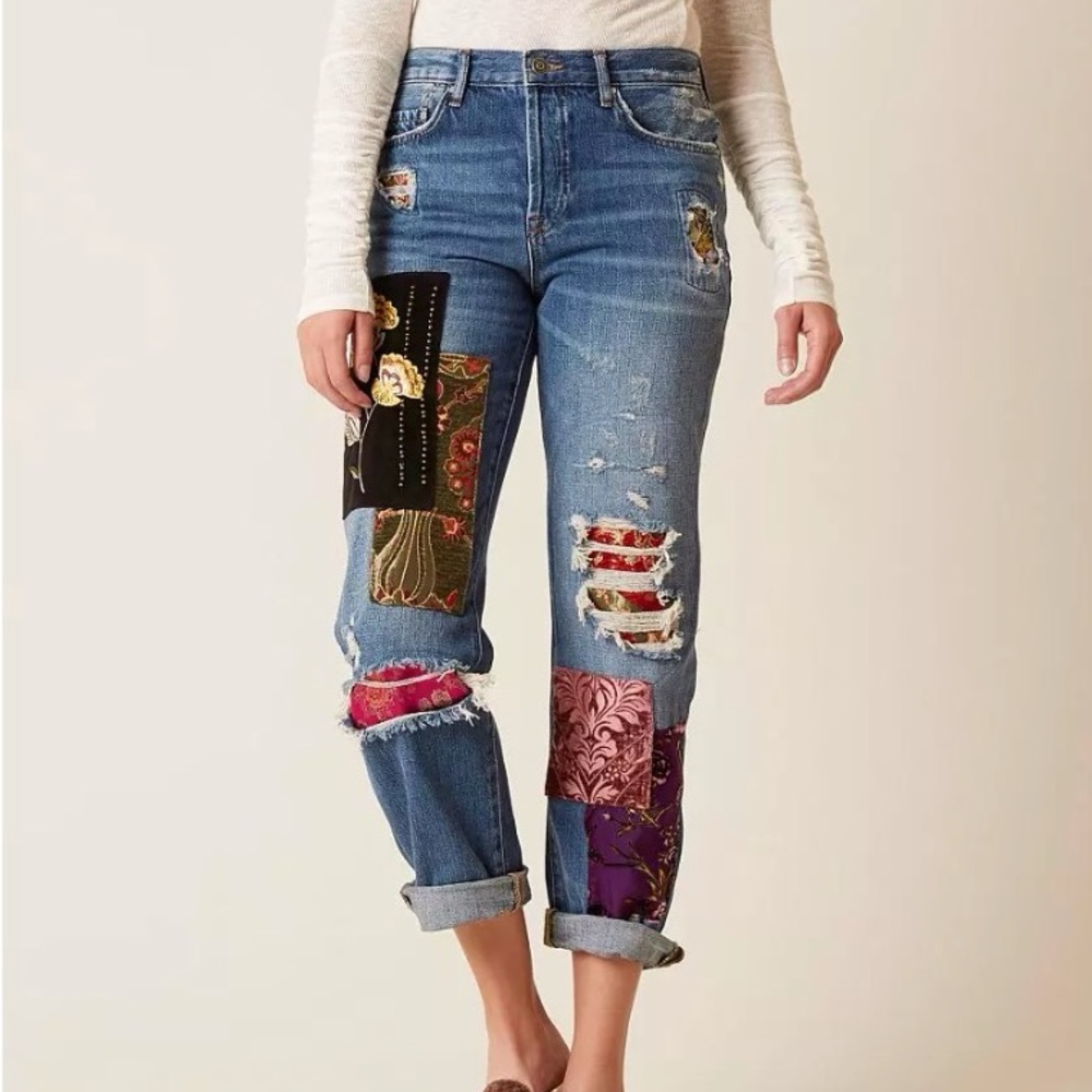 Free People Lux Embellished & Patch Boyfriend Jeans - size 26